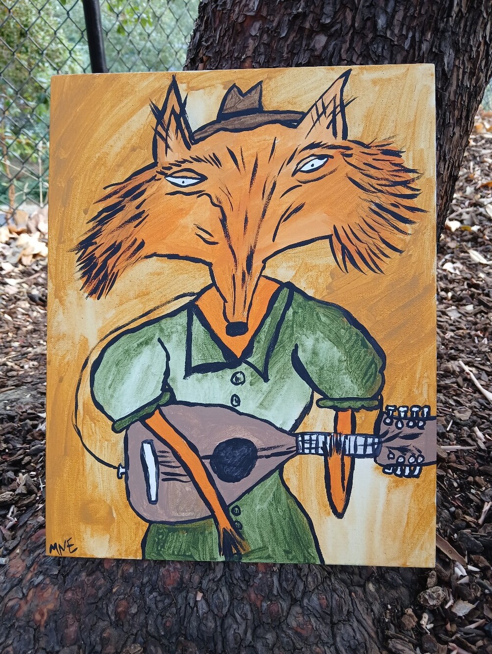 Fox Playing Music Painting Folk Art